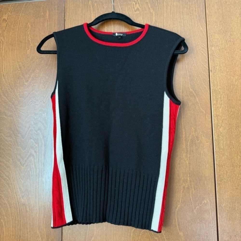 Escada Pure New Wool Pullover Round Neck  Vest Top NWOT Black, Red, Cream Sz 38